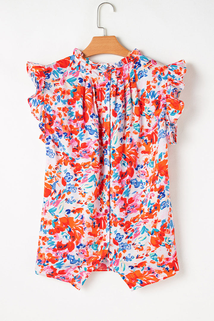 Frilled Neck Pleated Boho Floral Tank Top