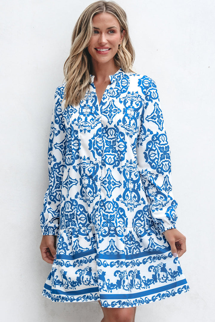 Tribal Print Button Up Notch Neck Loose Mini Dress