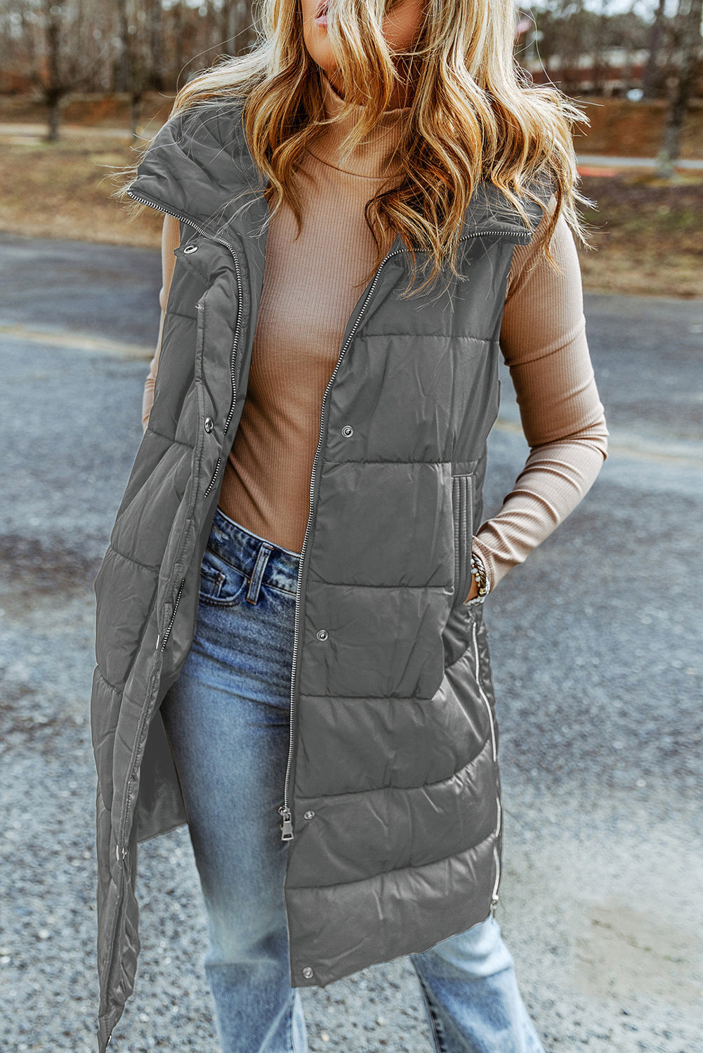 Hooded Long Quilted Vest Coat