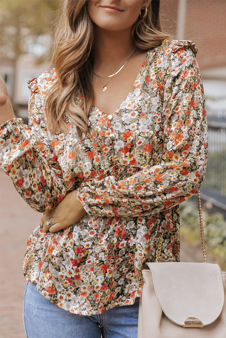 V Neck Ruffled Babydoll Floral Blouse