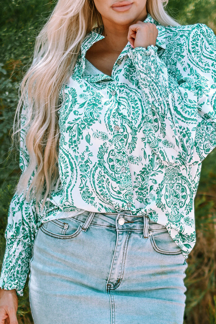 Paisley Print Smocked Cuff Buttoned Loose Shirt