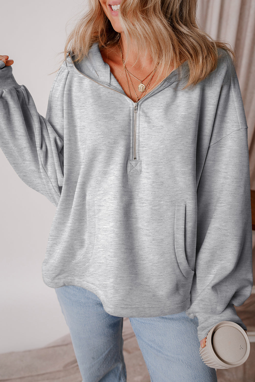 Fleece Lined Half Zipper Kangaroo Pockets Loose Hoodie