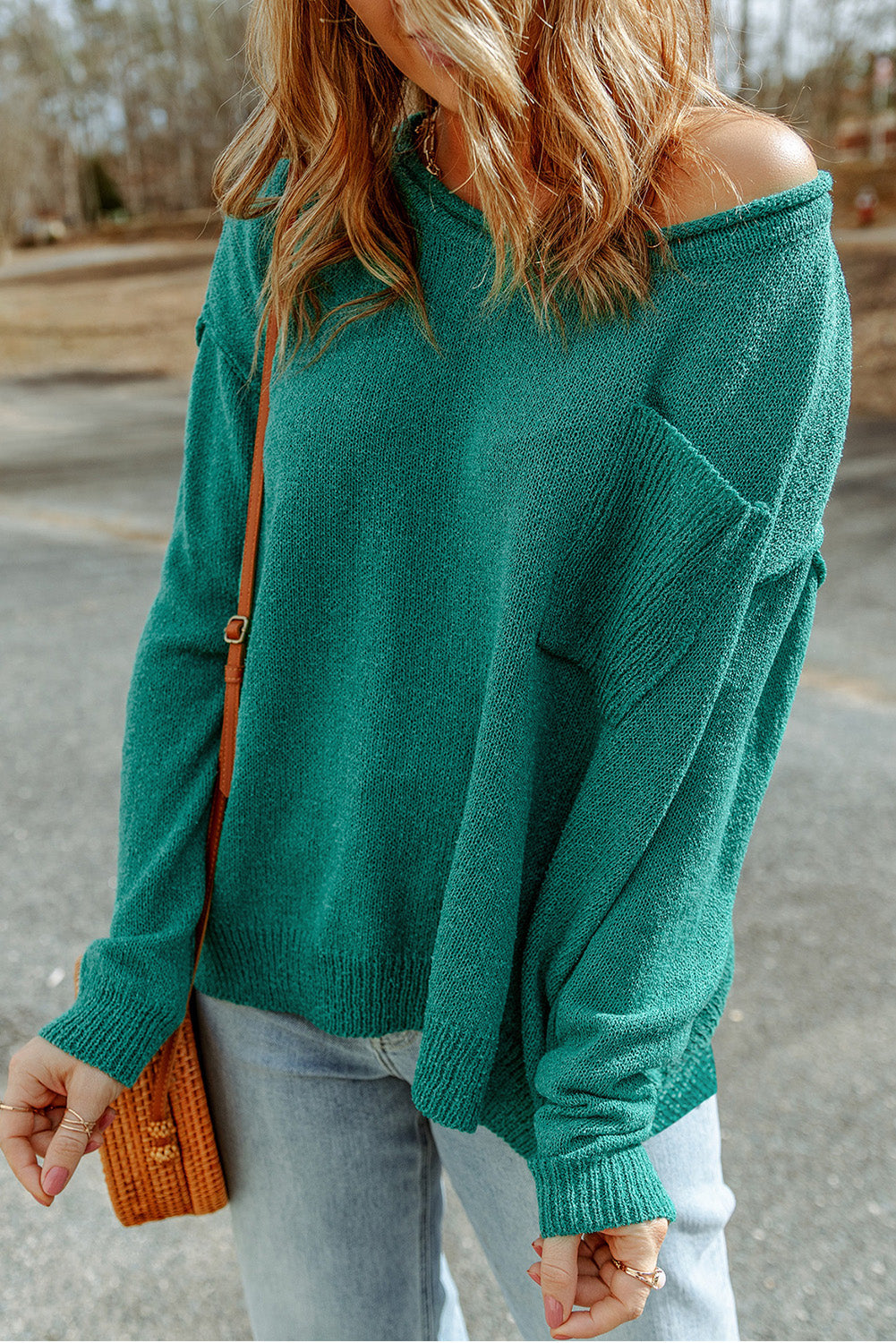 Solid Color Off Shoulder Rib Knit Sweater with Pocket