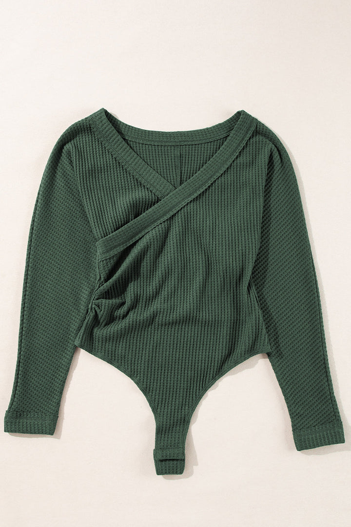 Waffle Knit Slim Fit Wrap V Neck Bodysuit