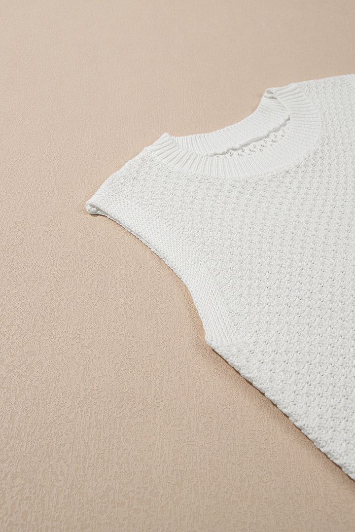 Solid Color Eyelet Knit Crew Neck Sweater Vest