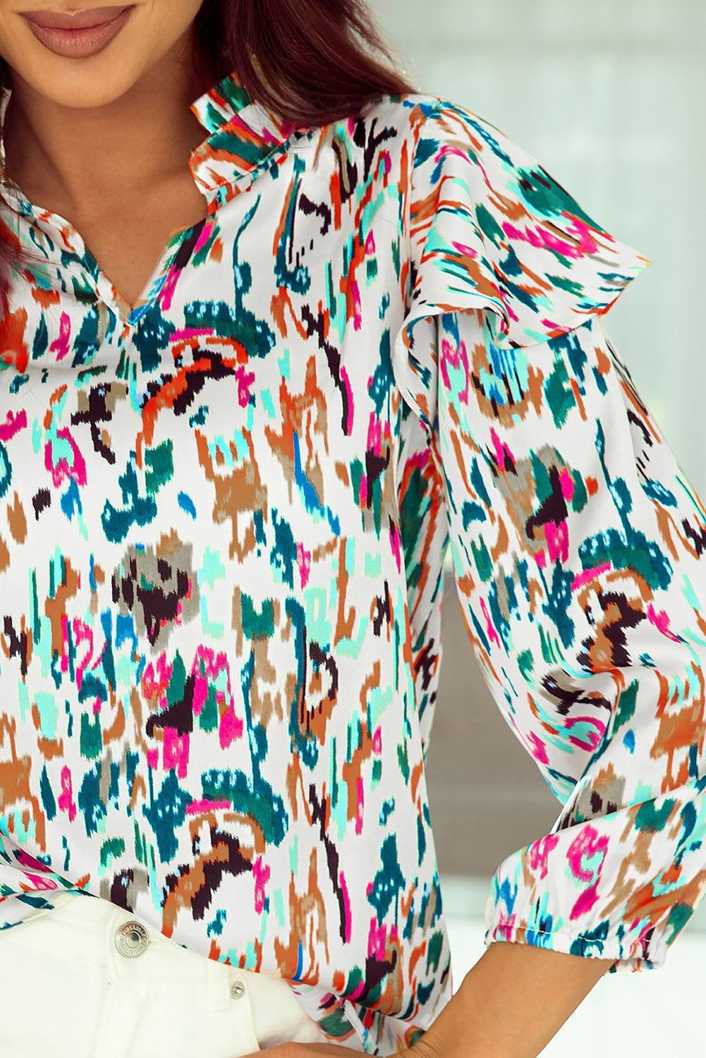 Multicolor Abstract Print 3/4 Puff Sleeve Ruffle Blouse