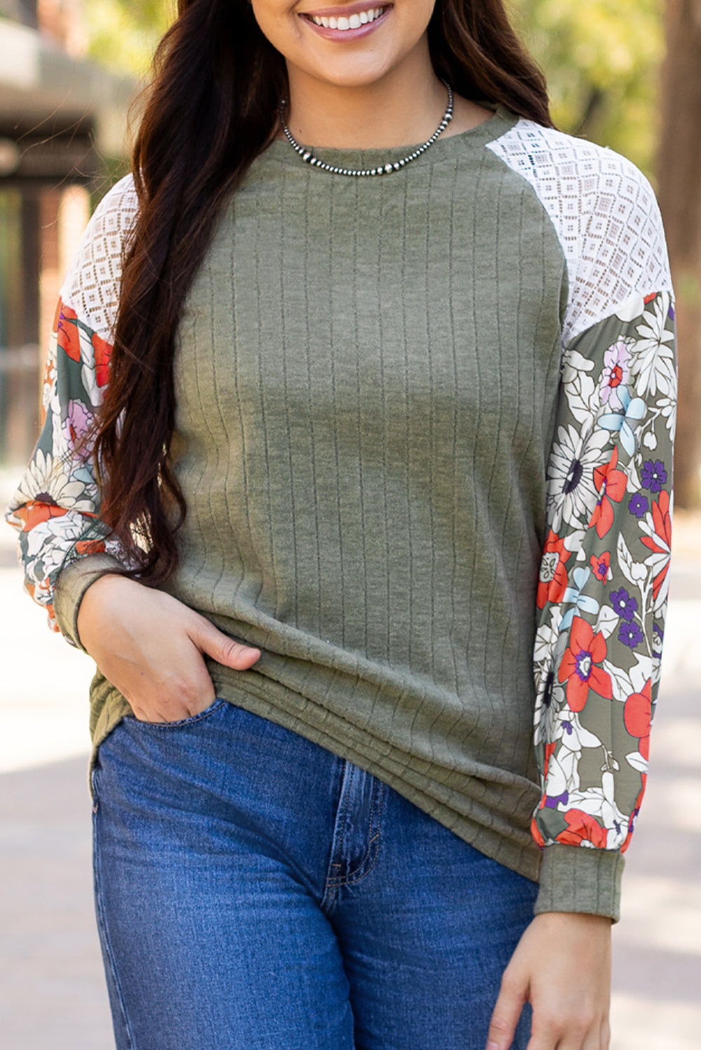 Floral Patchwork Long Sleeve Ribbed Blouse