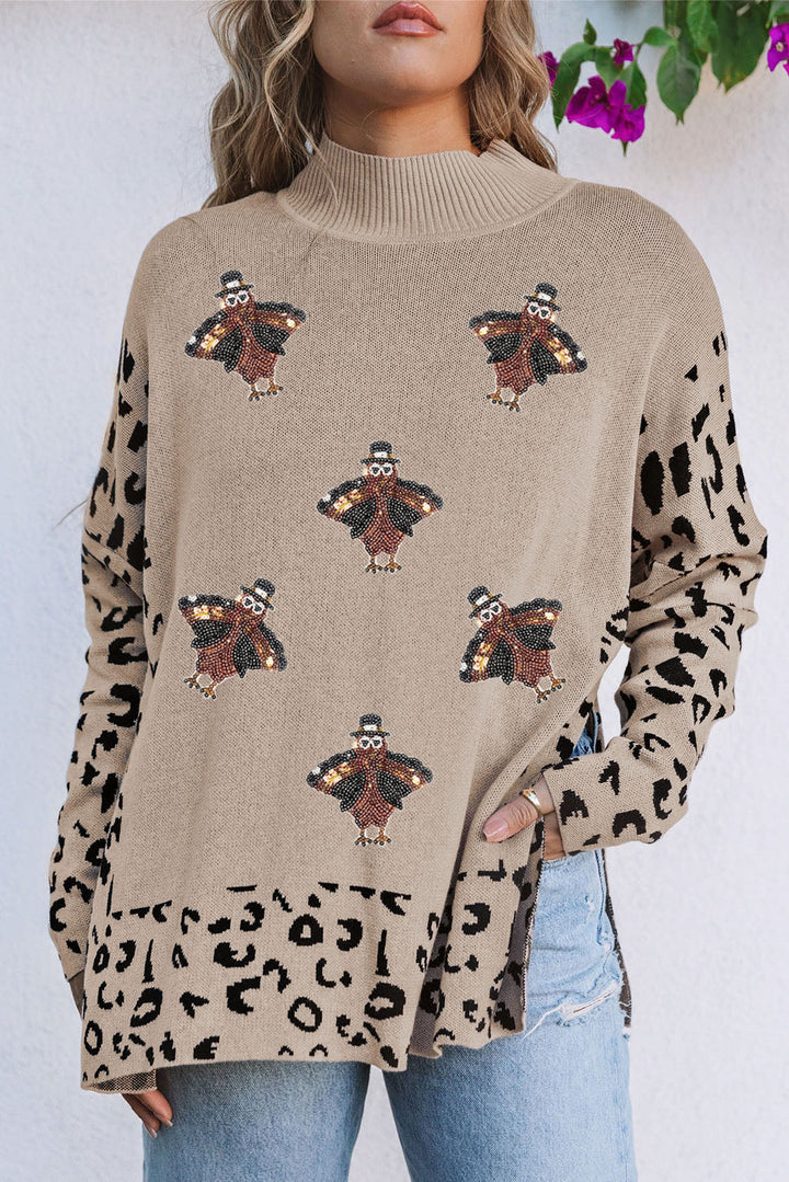 Sequin Turkey Leopard Mixed Pattern High Neck Sweater with Slits