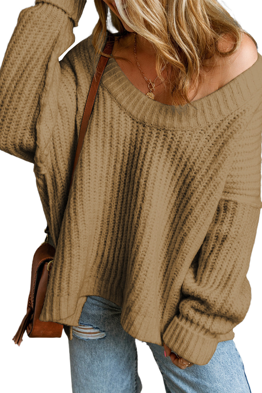 Khaki Ribbed Knit Round Neck Slouchy Chunky Sweater