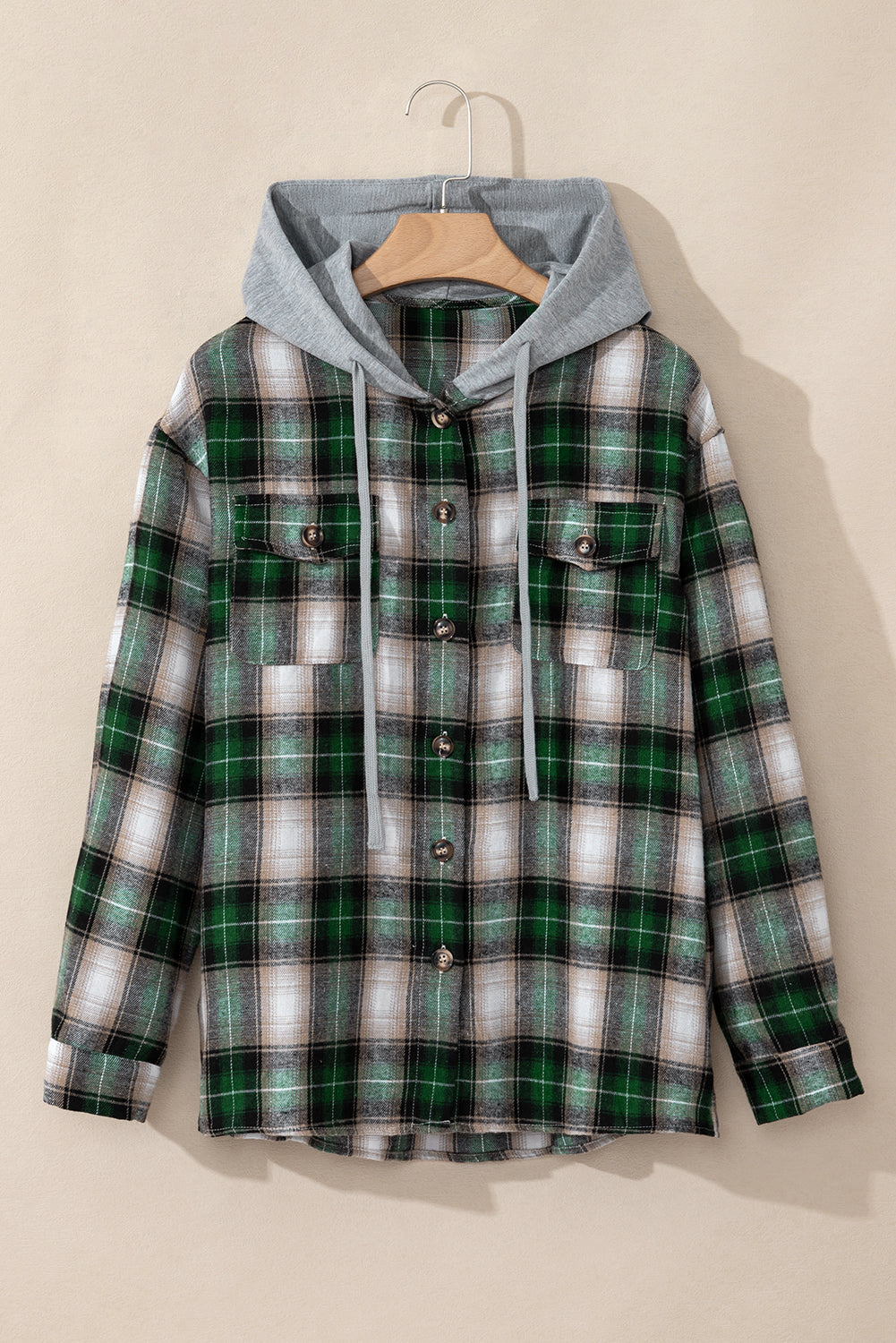 Plaid Print Buttoned Hooded Shacket