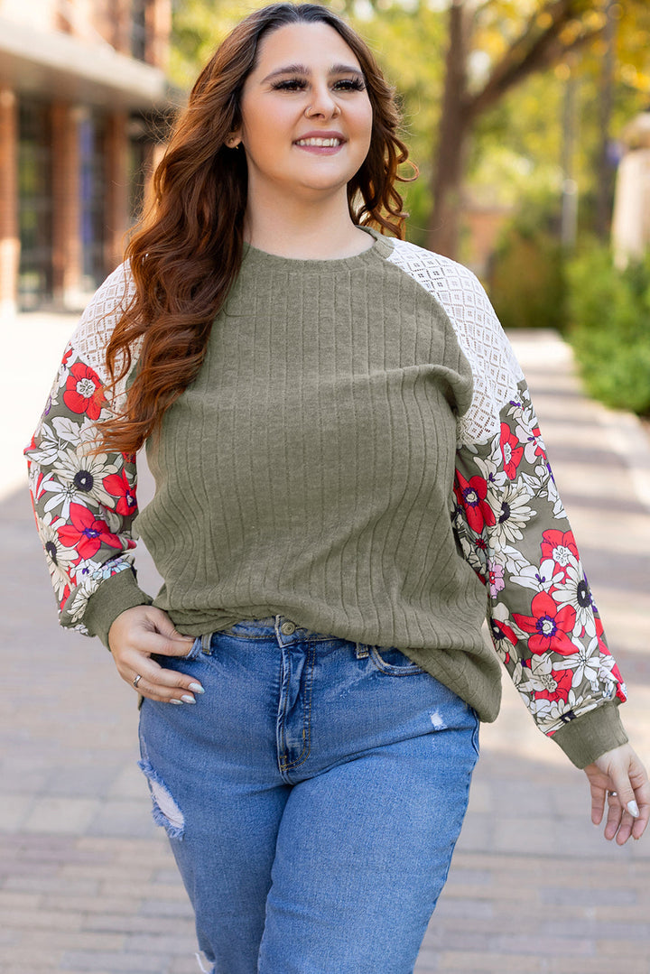 Plus Size Textured Floral Patchwork Raglan Sleeve Blouse