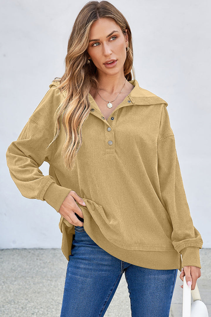 Solid Ribbed Knit Buttoned Drop Shoulder Oversized Hoodie