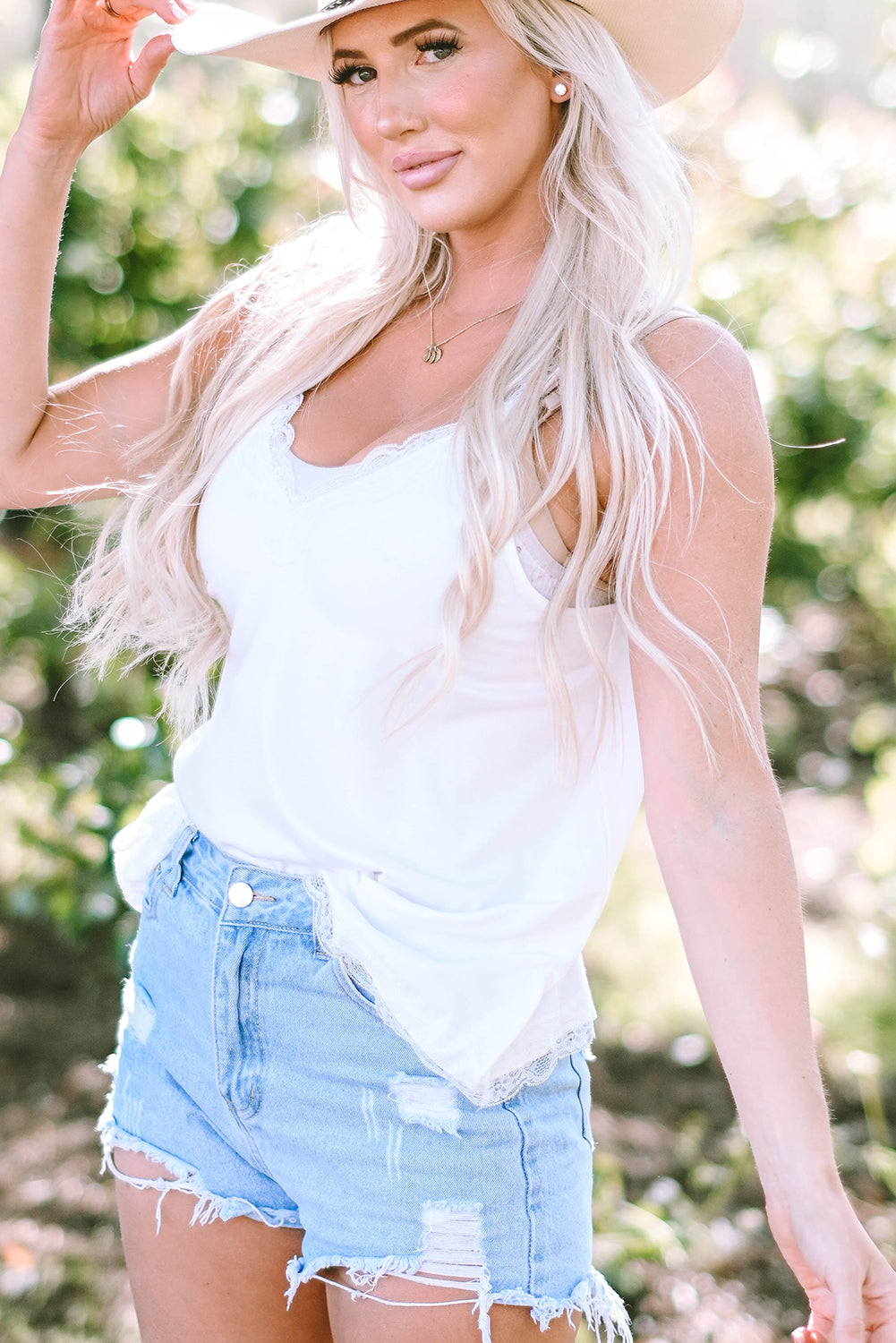 Delicate Lace Trim Flared Tank Top