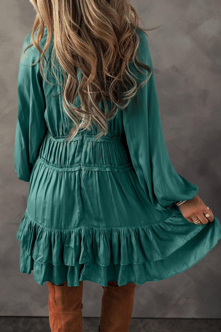 Tiered Ruffled Puff Sleeve Loose Fit Mini Dress