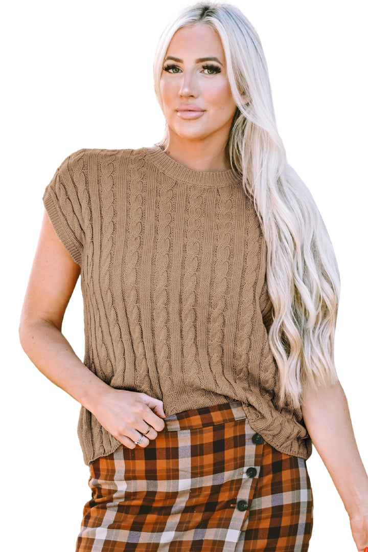 Crew Neck Cable Knit Short Sleeve Sweater