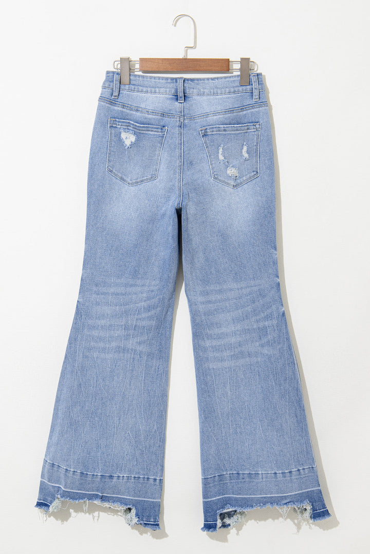 Acid Wash Raw Hem High Waist Flared Jeans