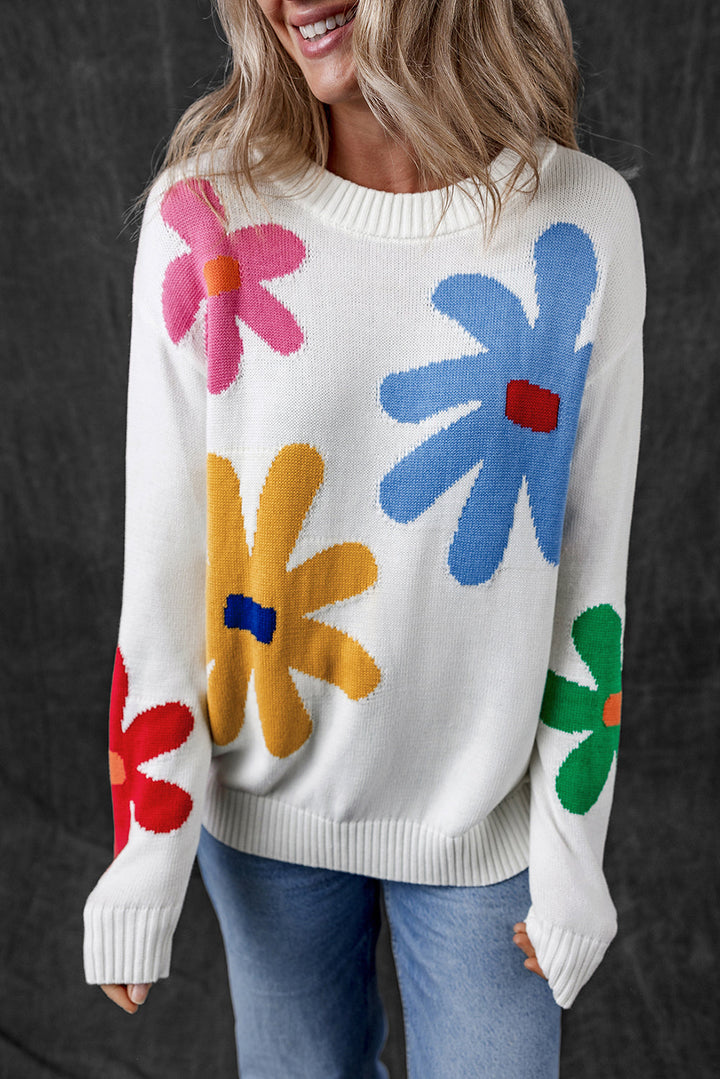 Colorful Big Flower Pattern Crewneck Sweater