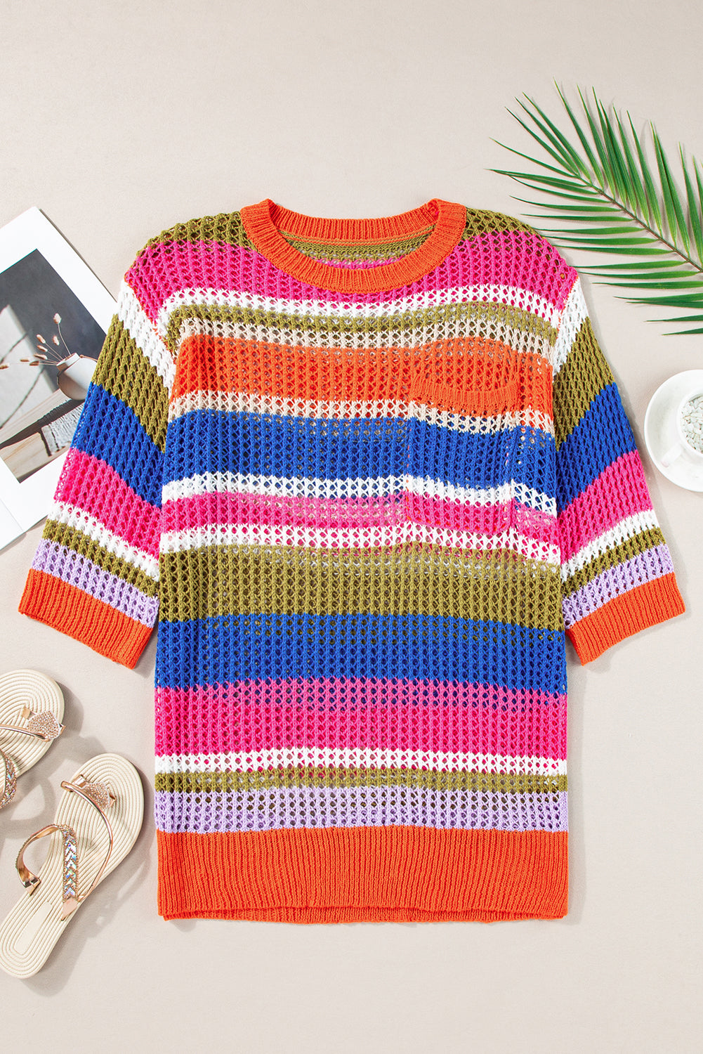 Colorblock Hollowed Crochet 3/4 Sleeve Sweater