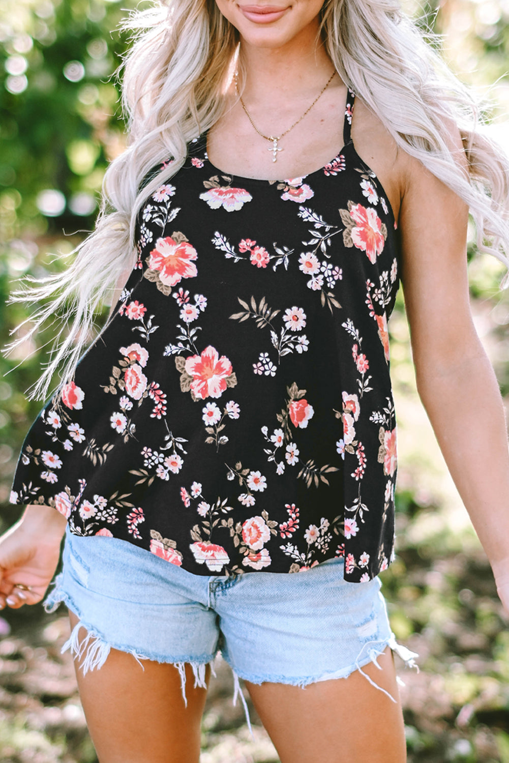 Floral Spaghetti Straps Strappy Back Tank Top