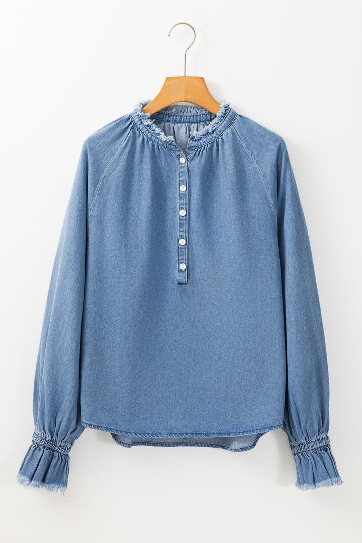 Frilled Raw Hem Half Buttoned Denim Top