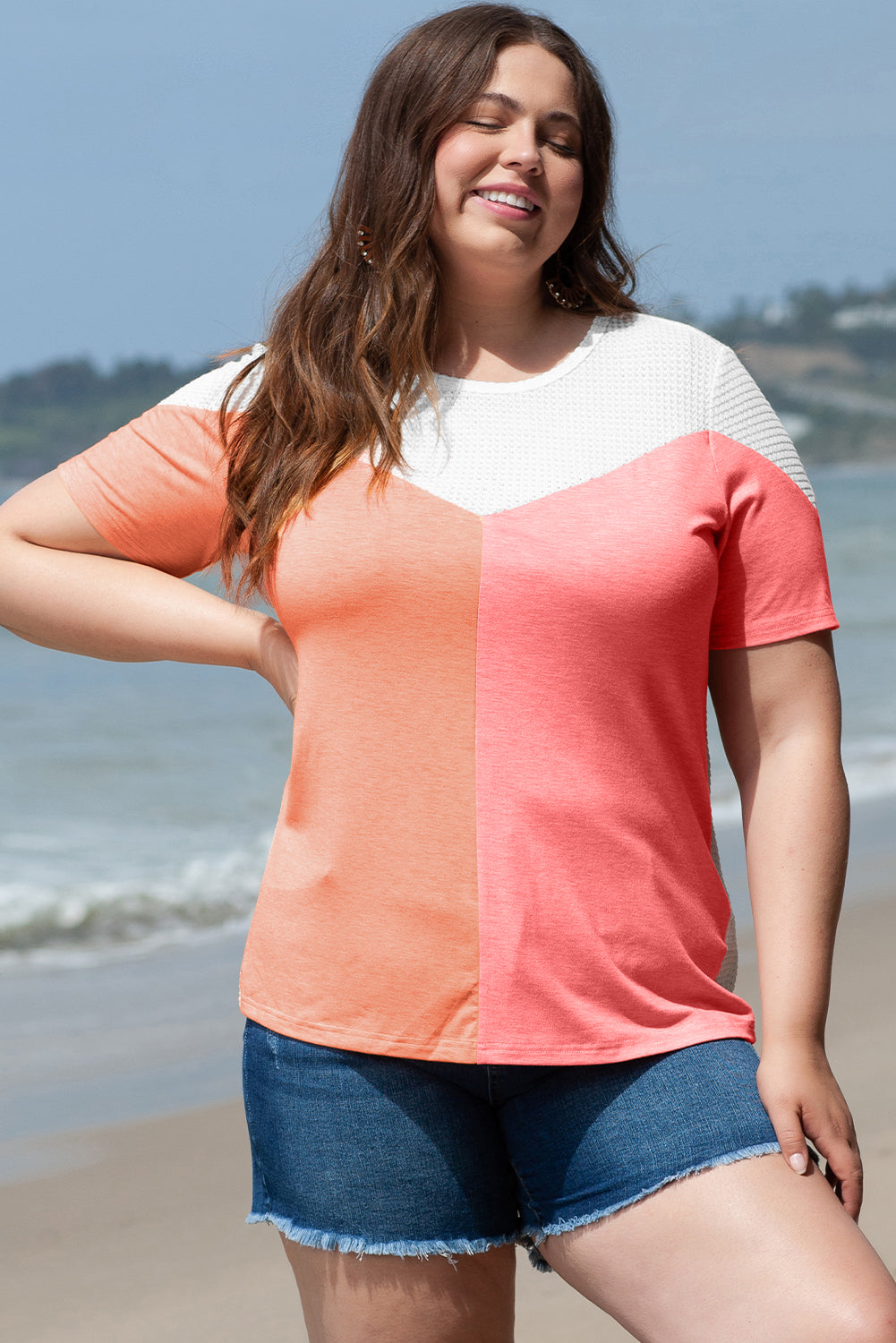 Plus Size Colorblock Waffle Knit Tee