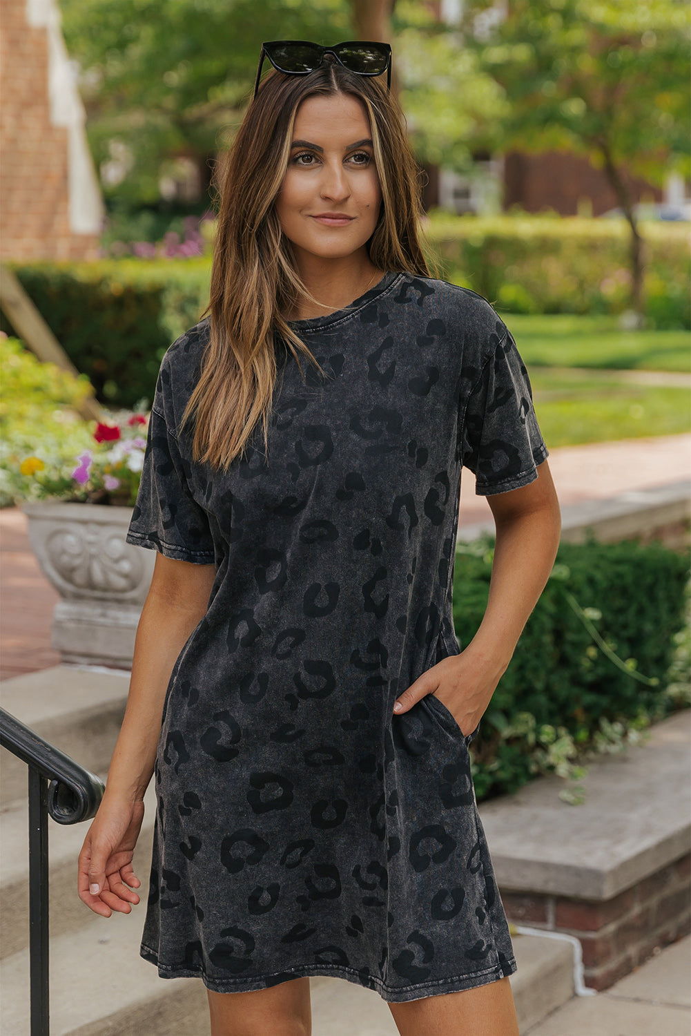 Vintage Washed Leopard T-Shirt Dress with Pockets