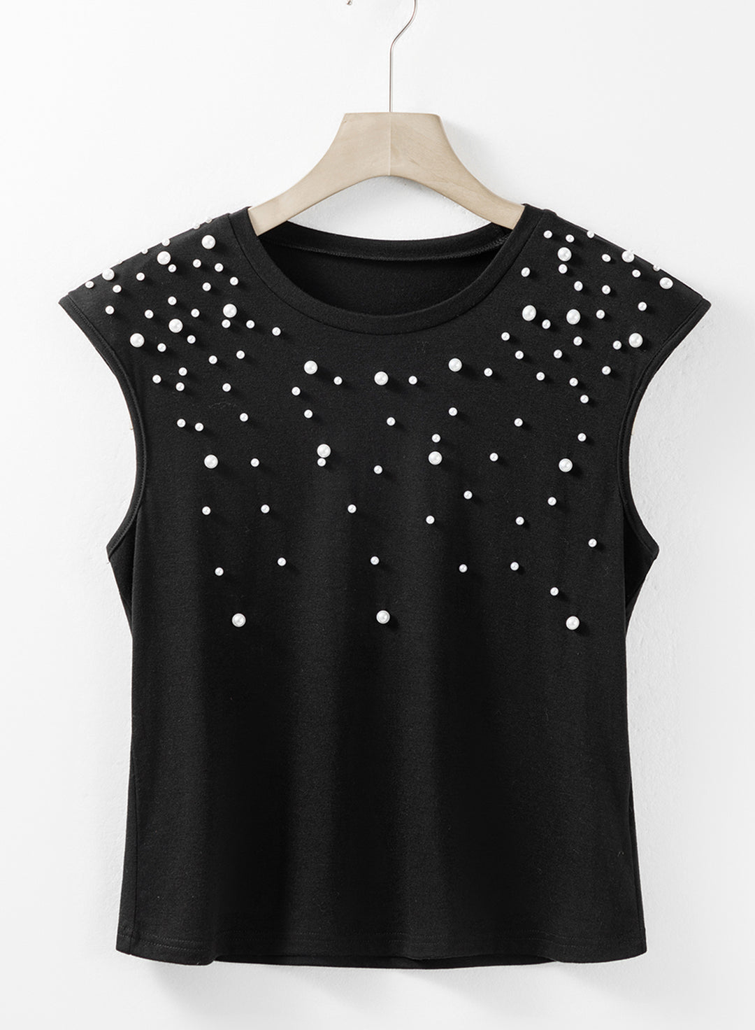 Pearls Beaded Shoulder Pad Crew Neck Tank Top