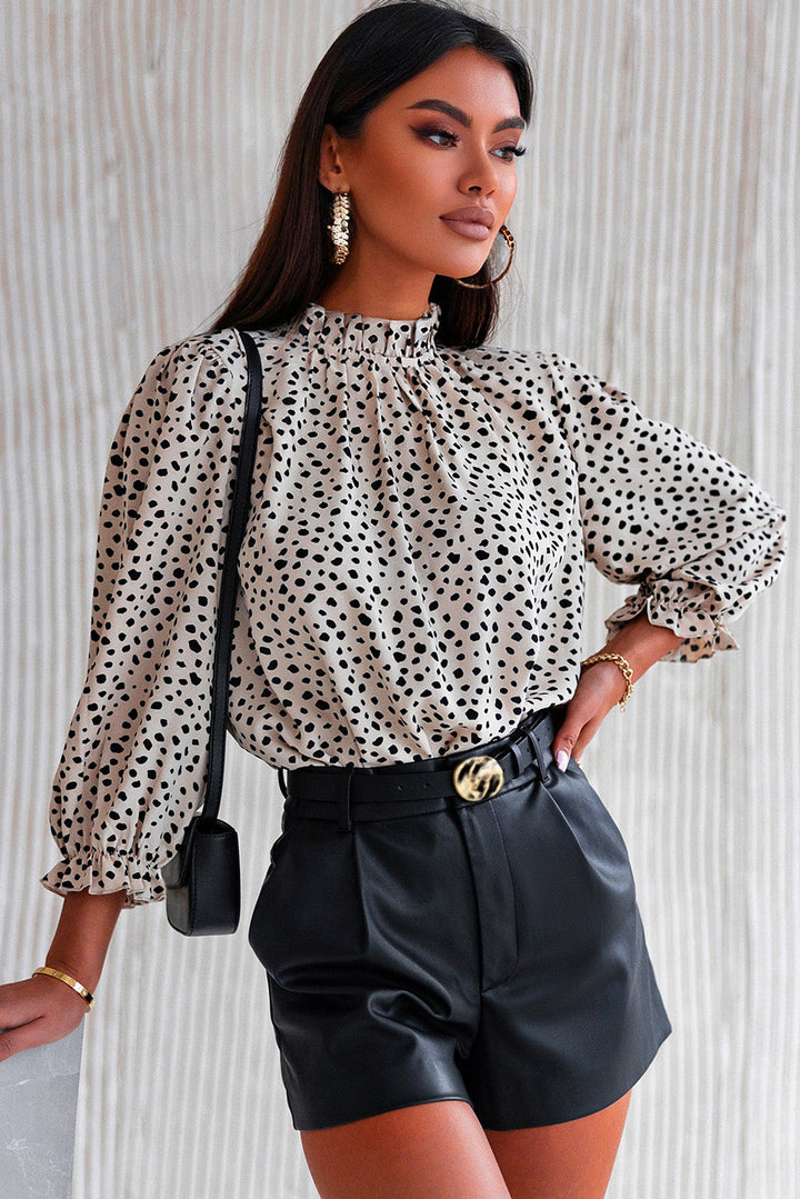 Frilled Neck 3/4 Sleeves Cheetah Blouse