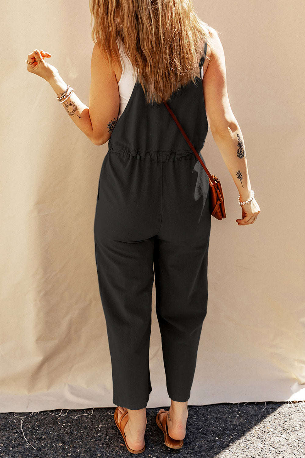 Drawstring Buttoned Straps Cropped Overall