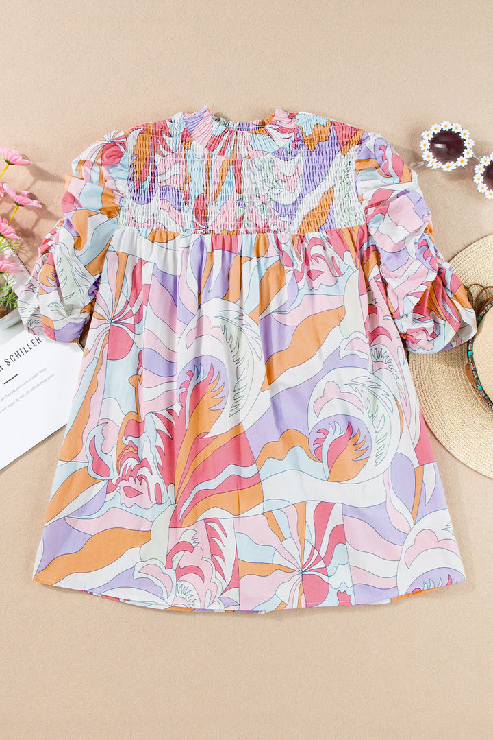 Abstract Print Bubble Sleeve Smock Detail Blouse