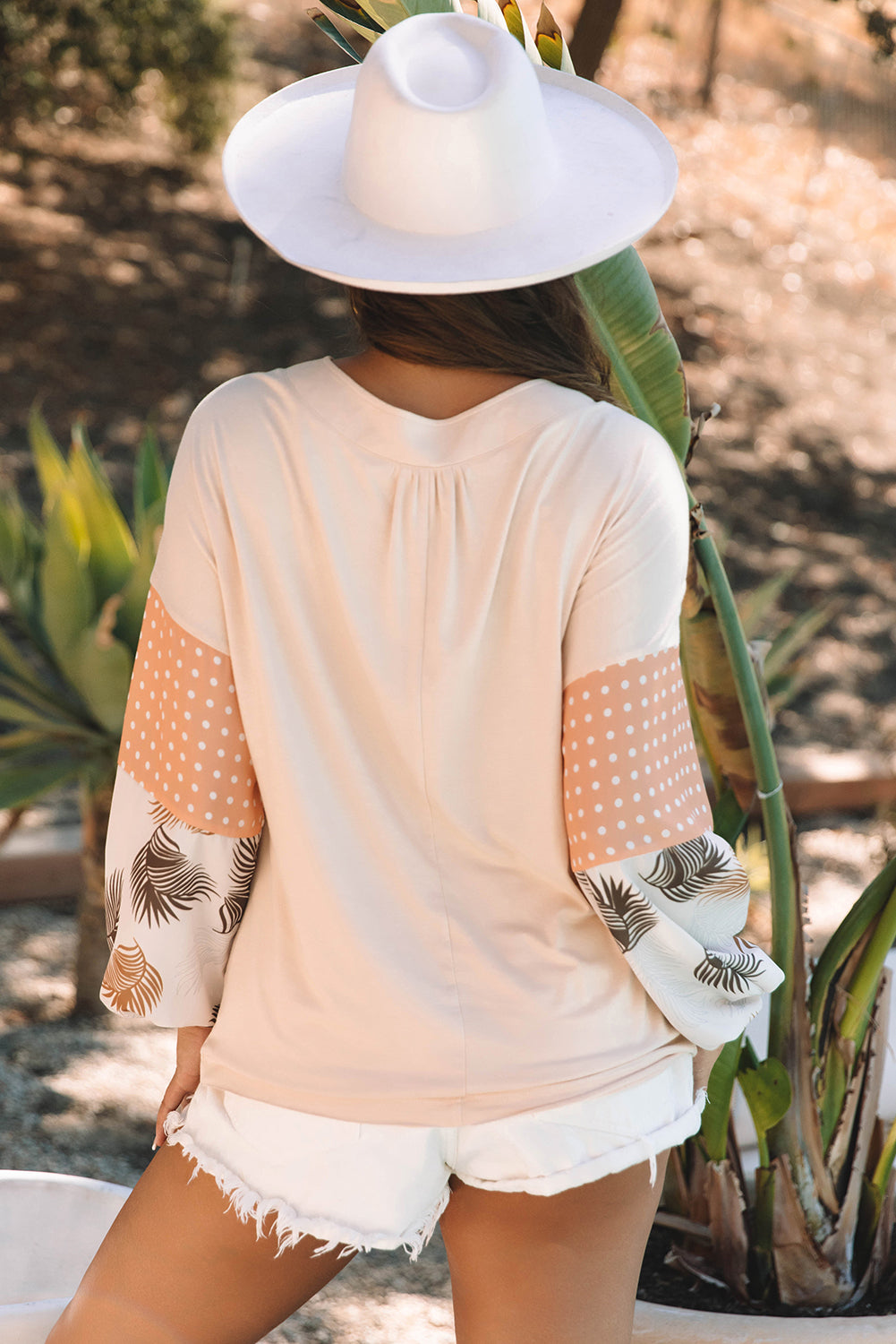 Palm Leaves Polka Dot Puff Sleeve Patchwork V Neck Loose Blouse