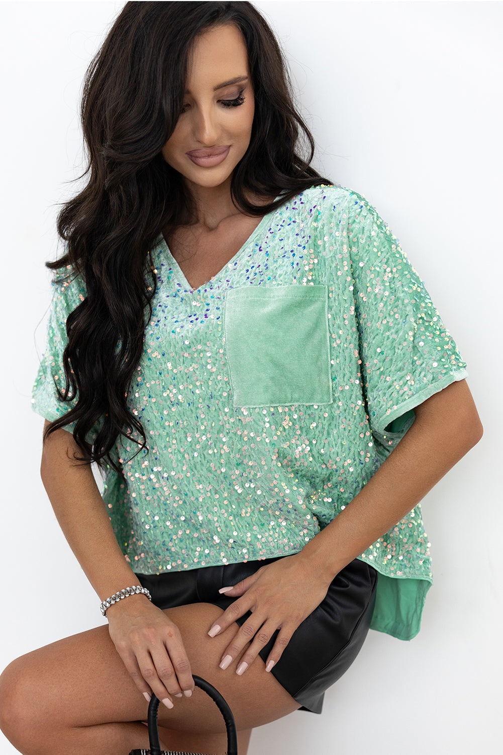 Sequin Batwing Sleeve V Neck Velvet Blouse