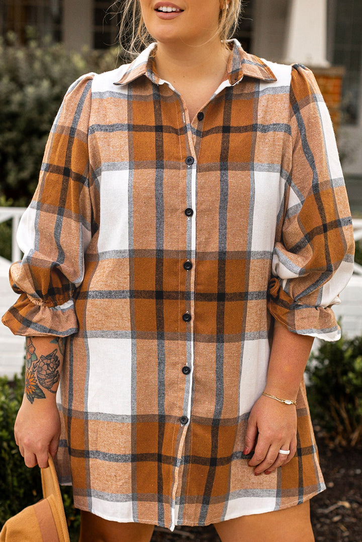 Plus Size Plaid Flounce Sleeve Button up Shirt Dress