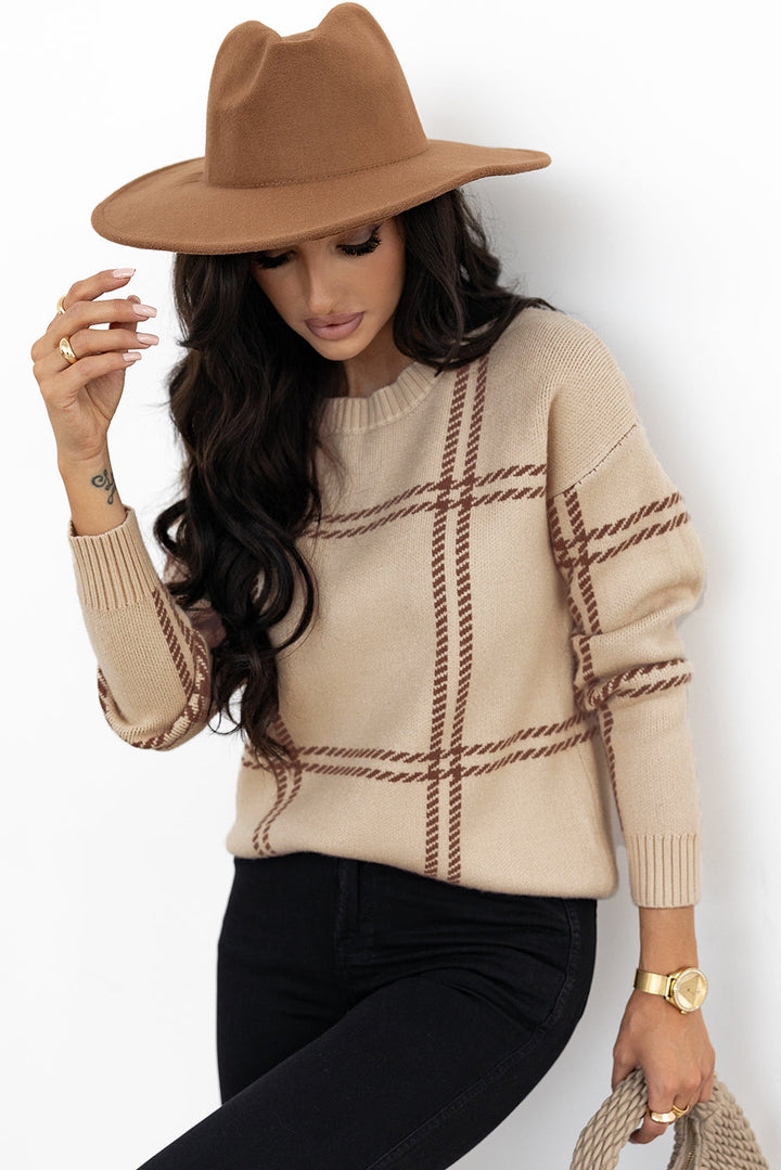 Plaid Pattern Knitted Drop Shoulder Sweater