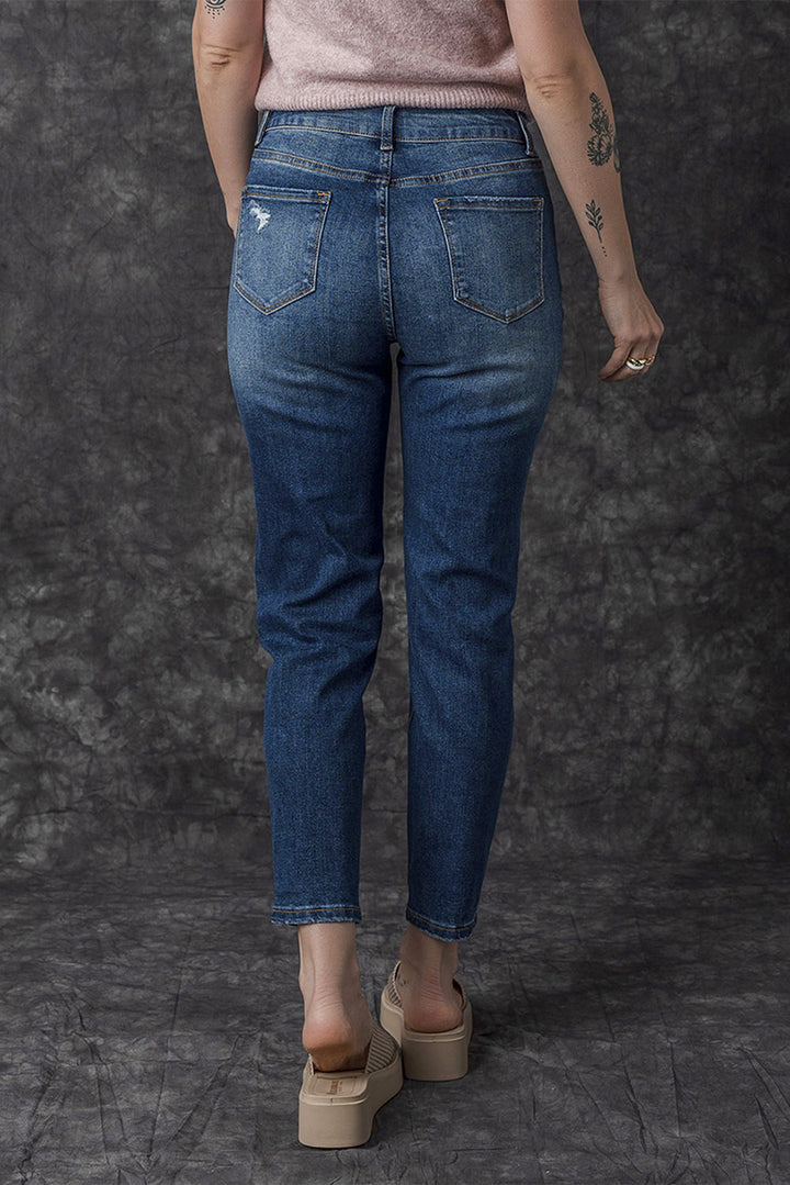 Blue Distressed Button Fly High Waist Skinny Jeans