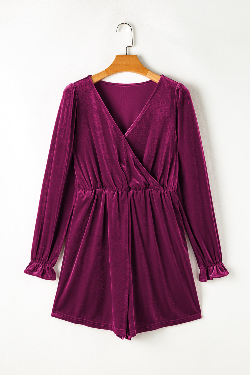 Velvet Surplice Neck Ruffled Sleeve High Waist Romper