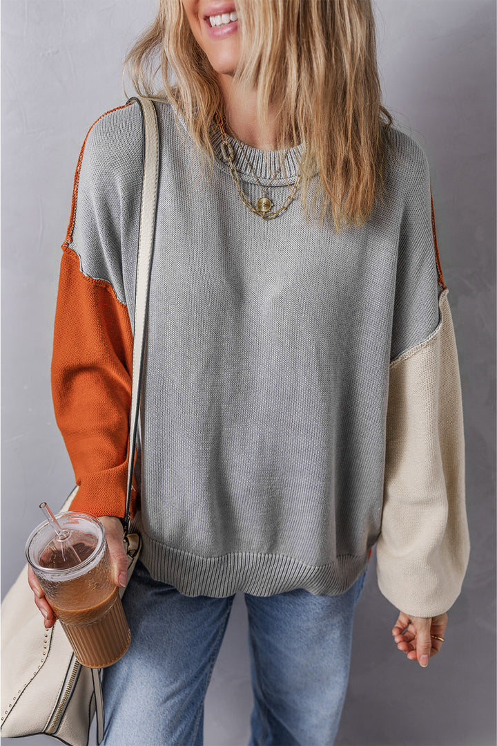 Colorblock Bishop Sleeve Ribbed Trim Sweater