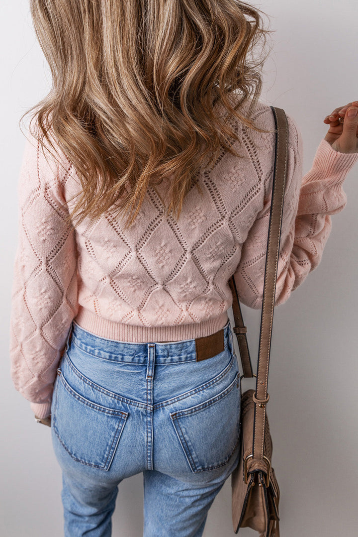 Openwork Plaid Puff Sleeve Cropped Sweater