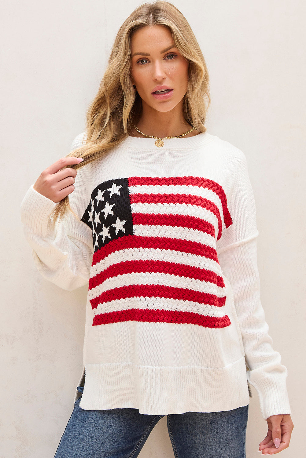 American Flag Cable Knit Drop Shoulder Sweater