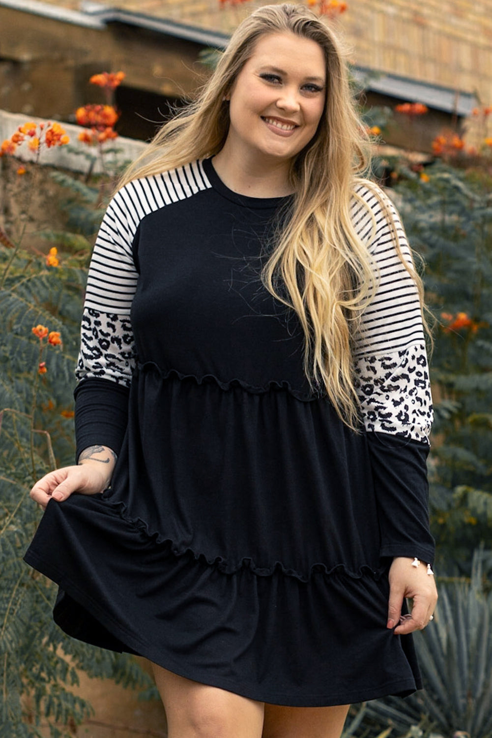 Plus Size Striped Leopard Patch Sleeve Ruffle Tiered Dress