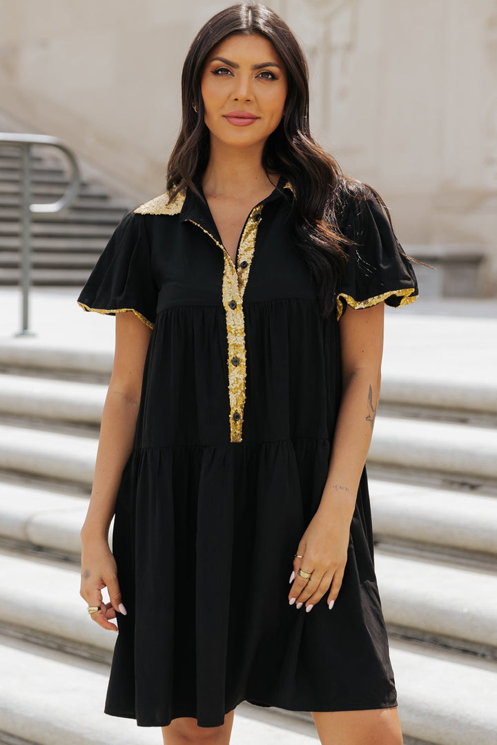 Sequin Trim Bubble Sleeve Game Day Shirt Dress