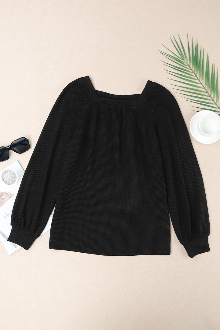 Scoop Neck Puff Sleeve Waffle Knit Top