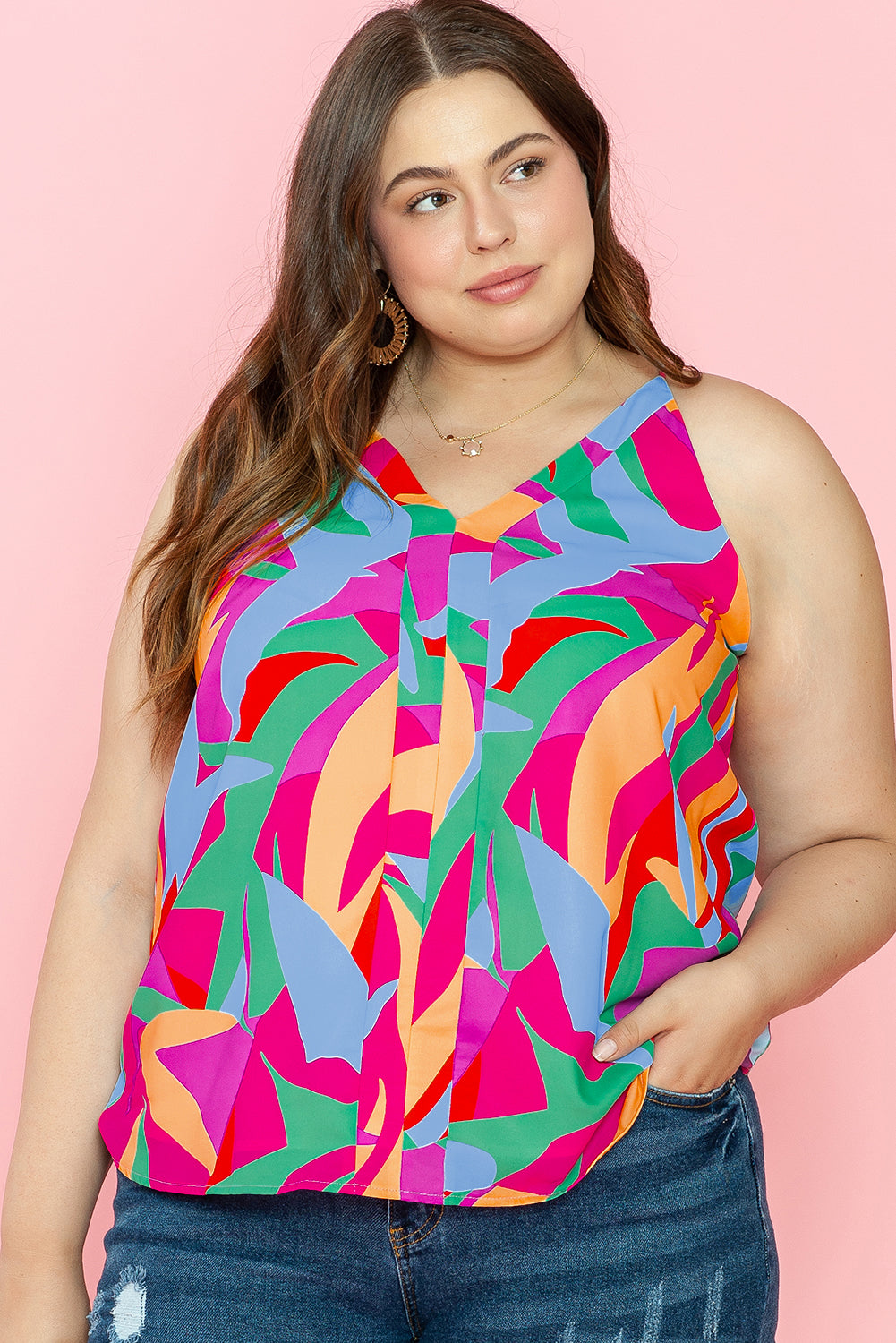 Plus Size Abstract Print V Neck Racerback Tank Top