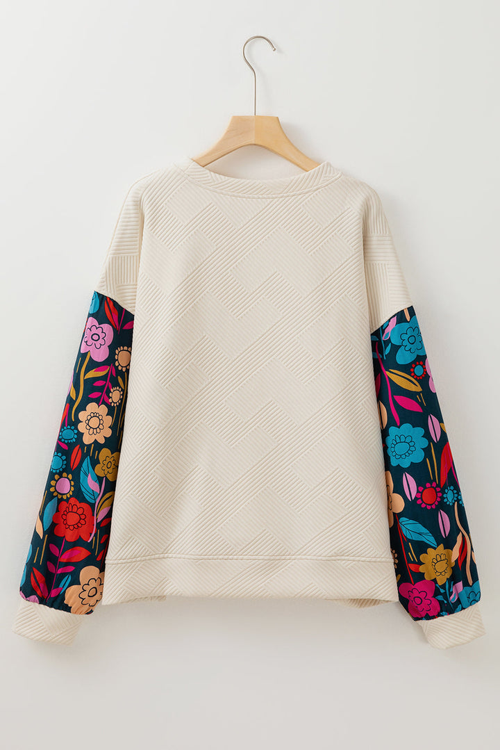 Floral Patchwork Sleeve Textured Plus Size Pullover Top