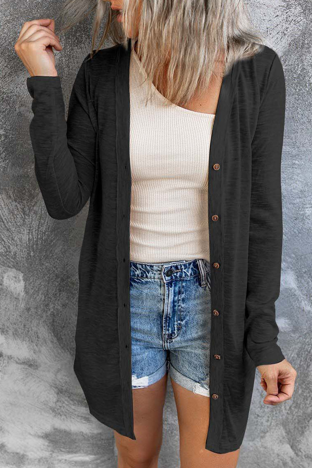 Solid Color Open-Front Buttons Cardigan