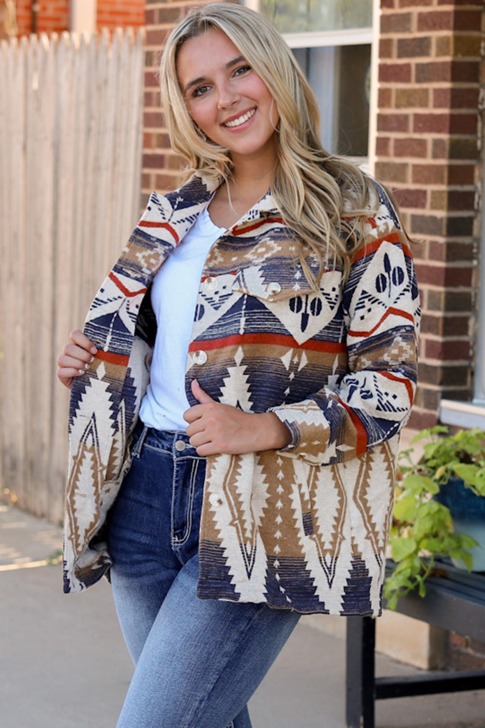 Aztec Print Button-Up Oversized Jacket