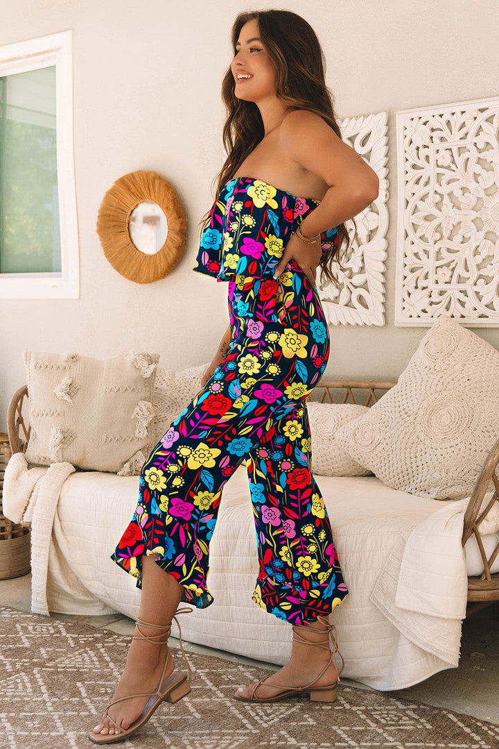 Mix Tropical Print Strapless Ruffled Jumpsuit