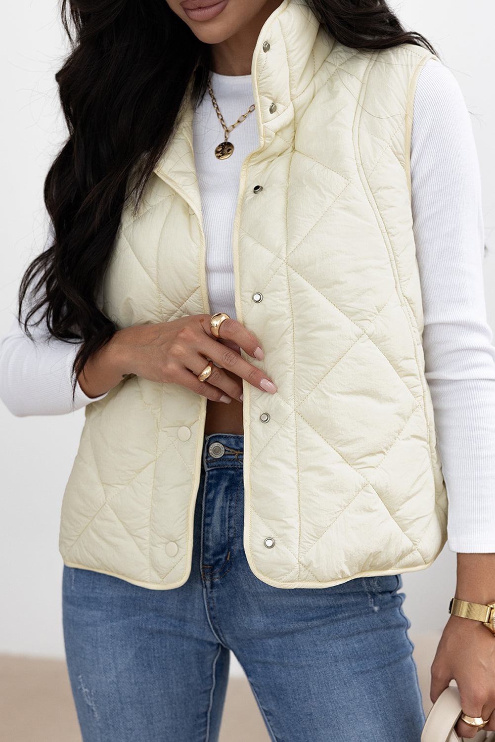 Quilted High Neck Button Up Pocket Vest Coat