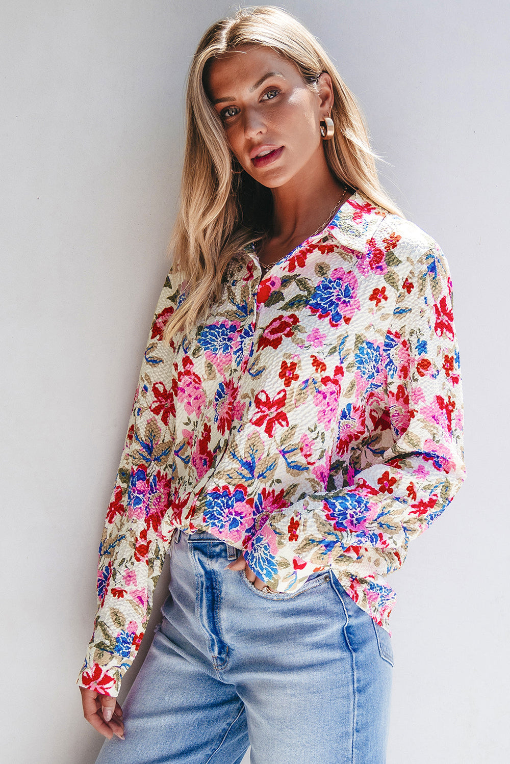 Floral Print Slim Fit Buttoned Turn Down Collar Shirt