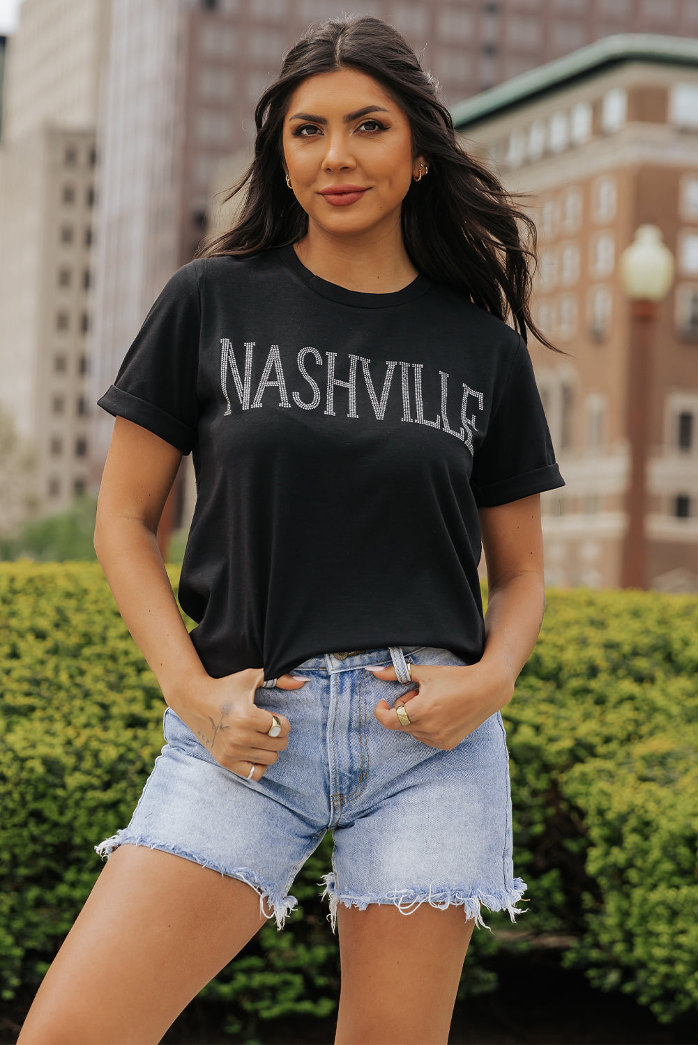 Rhinestone NASHVILLE Graphic Crewneck T Shirt